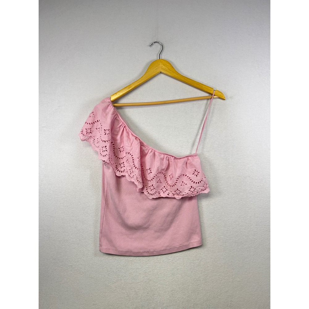 Old Navy Pink One Shoulder Eyelet Ruffle Top Women's Size L